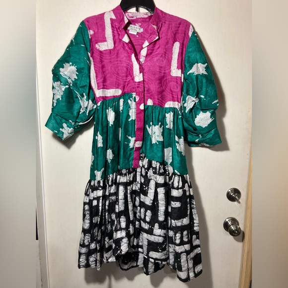 Busayo Tayo Mixed Batik Colors Midi Dress Puff Sleeves Pockets Size Small - Picture 5 of 16